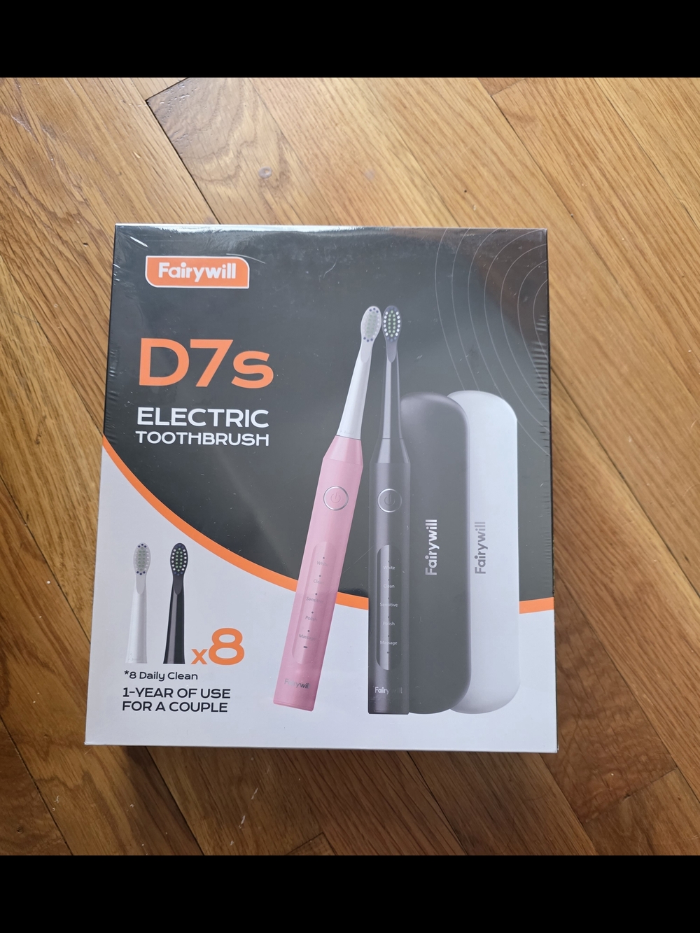 Fairywill D7S Sonic Electric Toothbrush 2 Pk Rechargeable Travel Set Black/Pink
